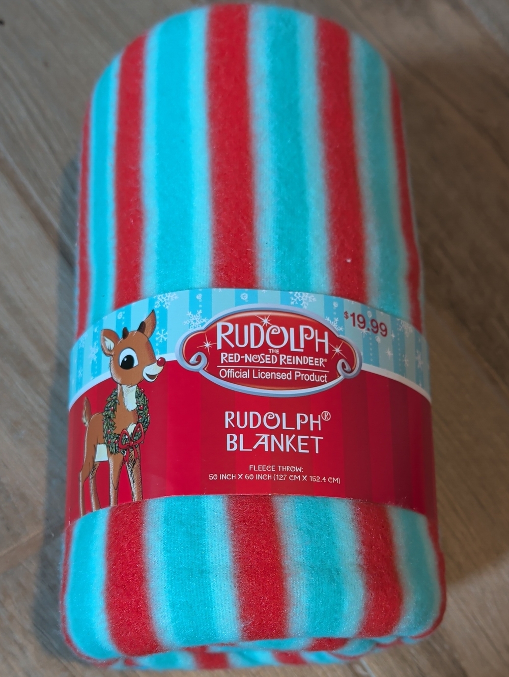 Rudolph Striped Fleece Throw Blanket - Red & Aqua